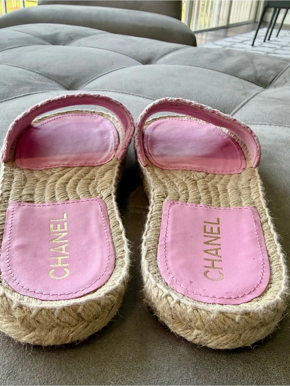 CHANEL Pink Tweed Slide Mules with Gold CC Emblem
